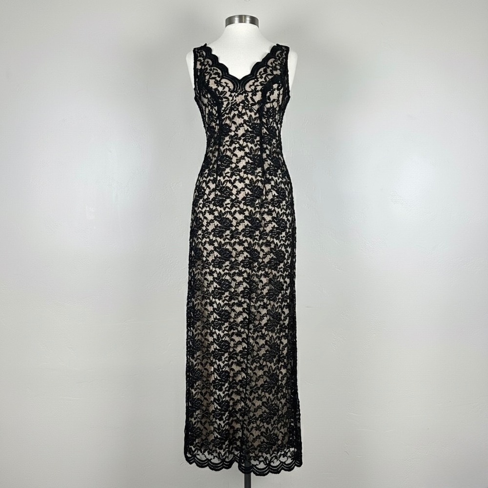 Connected Womens Vintage Dress 6 Nude Black Embroidered Lace Over Lay Maxi